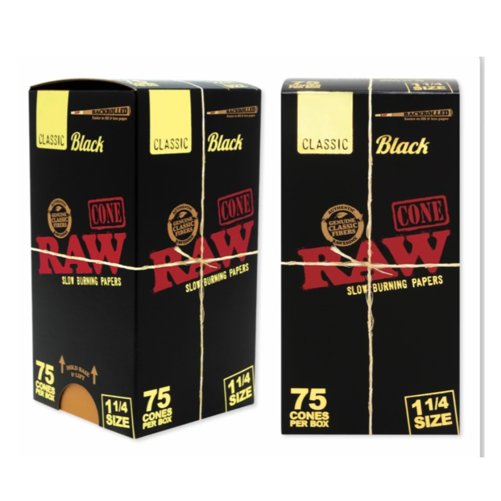RAW CLASSIC BLACK BACKROLLED 1 1/4 SIZE 75 CONES/BX